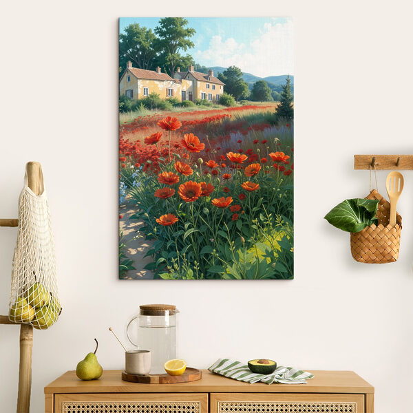 Field of flowers with a house in the background Field of flowers with a house in the background