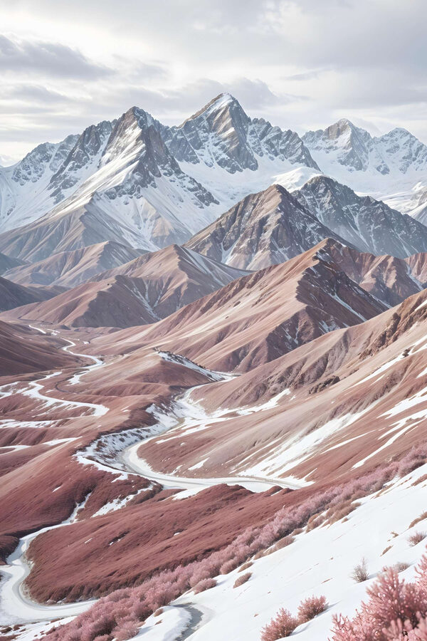 Snowy mountains with a winding road