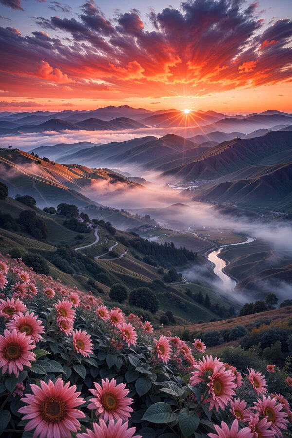 Tal mit Blumen und einem Fluss Tal mit Blumen und einem Fluss