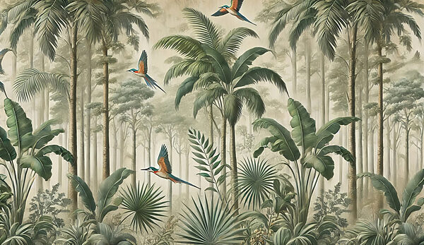 Mural of birds flying over a forest