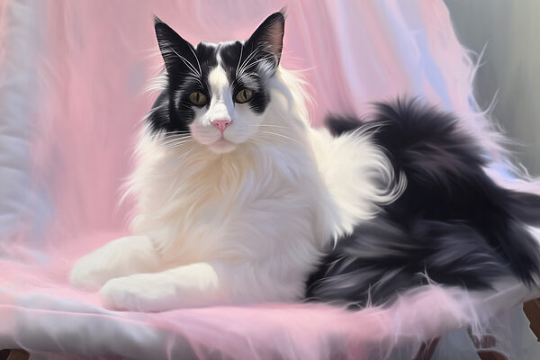 Schwarze und weiße Katze auf einer rosa Decke liegend Schwarze und weiße Katze auf einer rosa Decke liegend