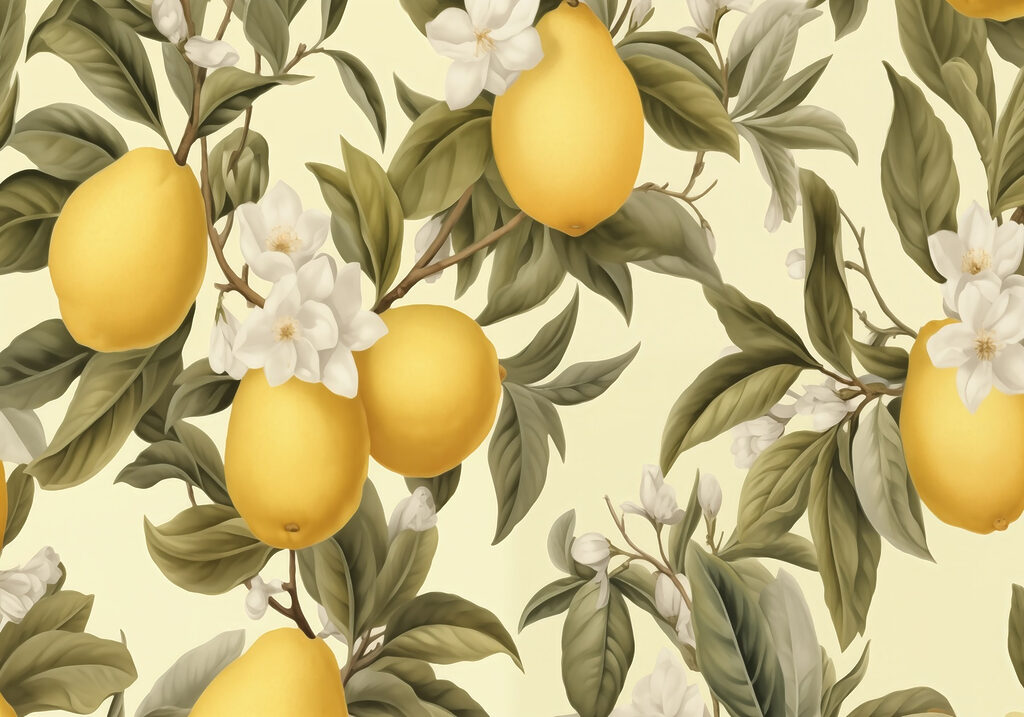 Tapete mit Zitronen und Blumen Tapete mit Zitronen und Blumen