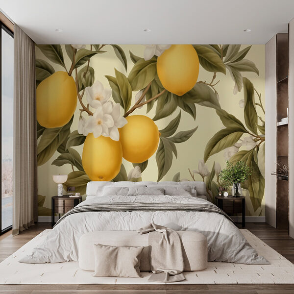 Tapete mit Zitronen und Blumen Tapete mit Zitronen und Blumen