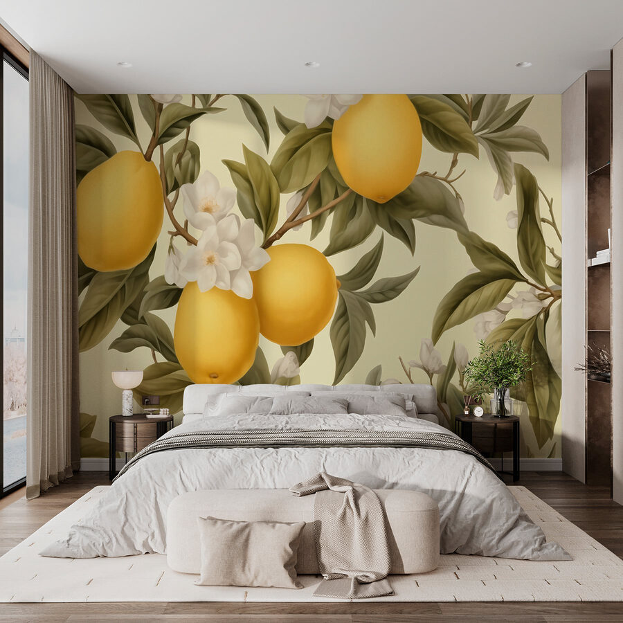 Tapete mit Zitronen und Blumen Tapete mit Zitronen und Blumen