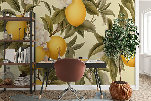 Tapete mit Zitronen und Blumen Tapete mit Zitronen und Blumen