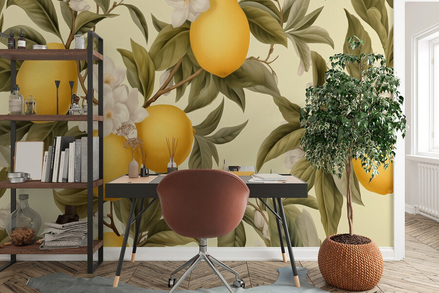 Tapete mit Zitronen und Blumen Tapete mit Zitronen und Blumen