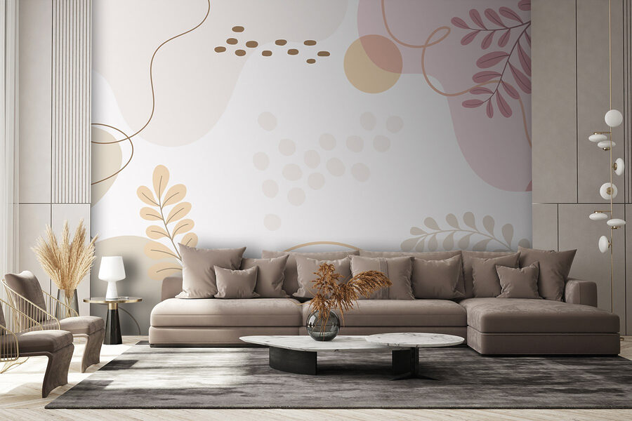 Weißer Hintergrund mit rosa und orange Blätter und Kreise
