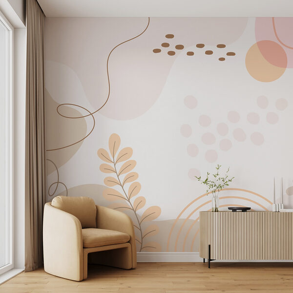 Weißer Hintergrund mit rosa und orange Blätter und Kreise Weißer Hintergrund mit rosa und orange Blätter und Kreise