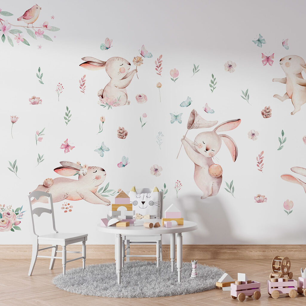 Group of rabbits with flowers and butterflies