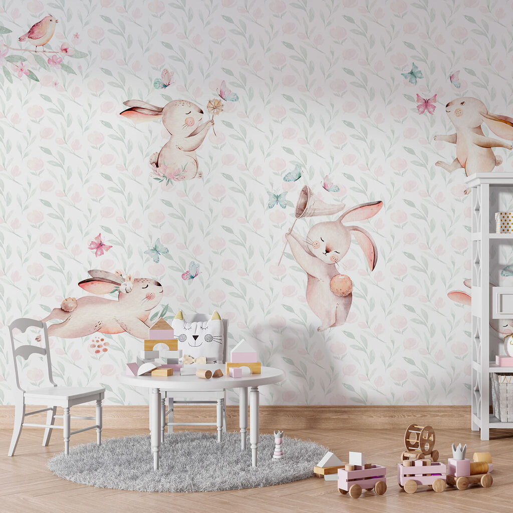Pattern of watercolor bunnies and butterflies Pattern of watercolor bunnies and butterflies