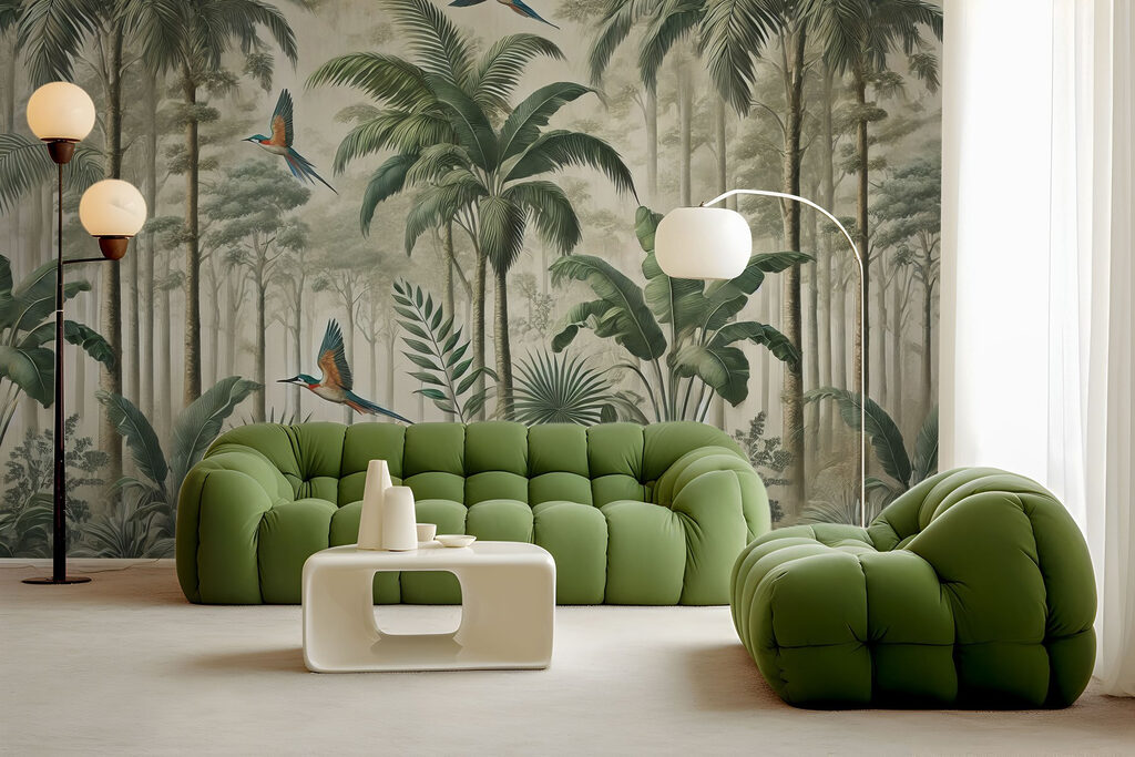 Mural of birds flying over a forest