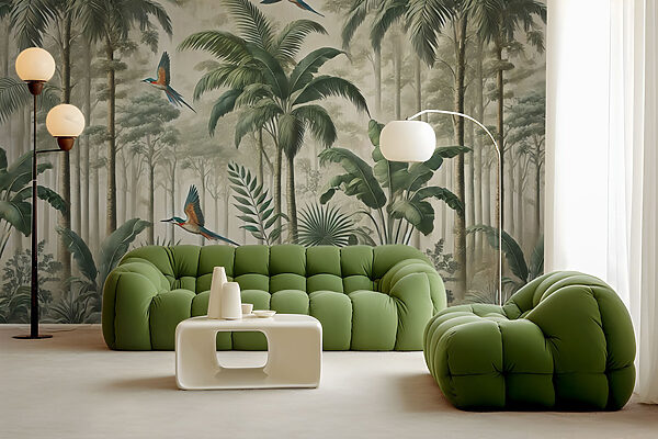 Mural of birds flying over a forest