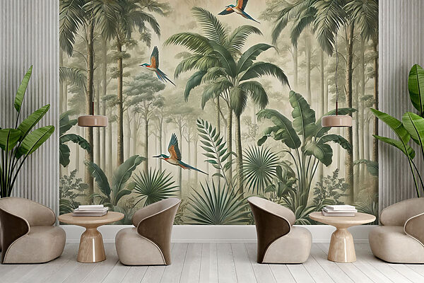 Mural of birds flying over a forest