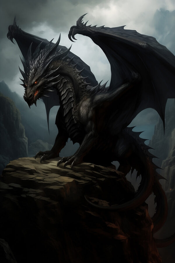 Schwarzer Drache auf einem Felsen Schwarzer Drache auf einem Felsen