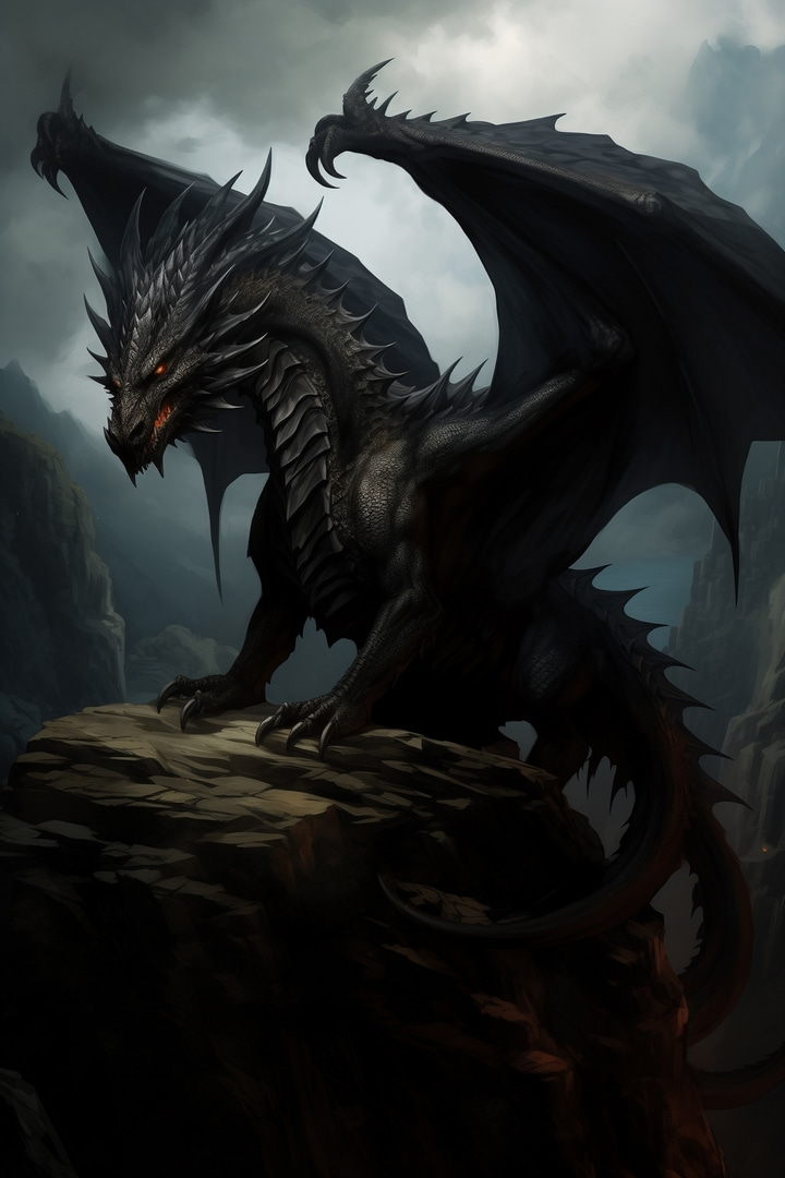 Schwarzer Drache auf einem Felsen Schwarzer Drache auf einem Felsen