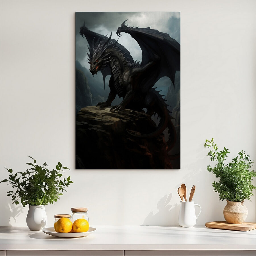 Schwarzer Drache auf einem Felsen Schwarzer Drache auf einem Felsen