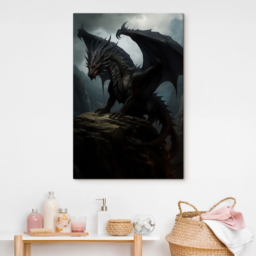 Schwarzer Drache auf einem Felsen Schwarzer Drache auf einem Felsen