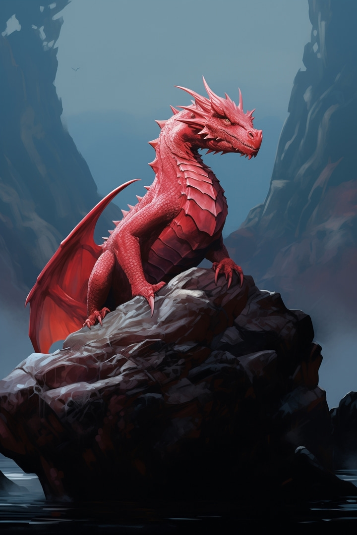 Roter Drache auf einem Felsen