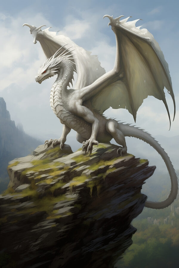 Weißer Drache auf einem Felsen Weißer Drache auf einem Felsen