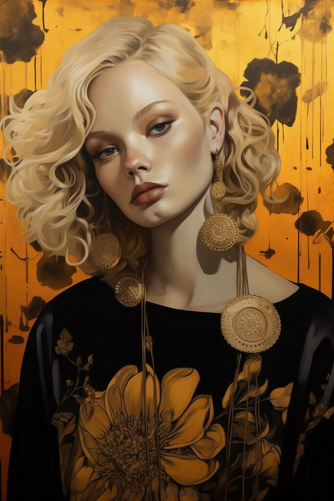 Woman with curly blonde hair and large earrings Woman with curly blonde hair and large earrings