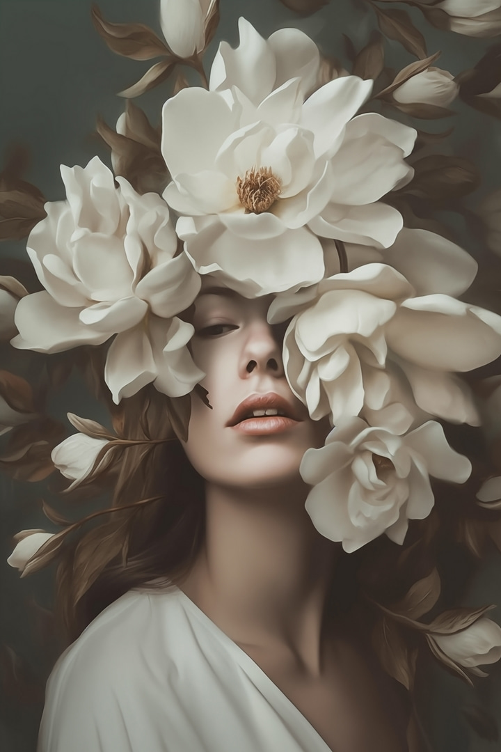 Frau mit Blumen um ihr Gesicht