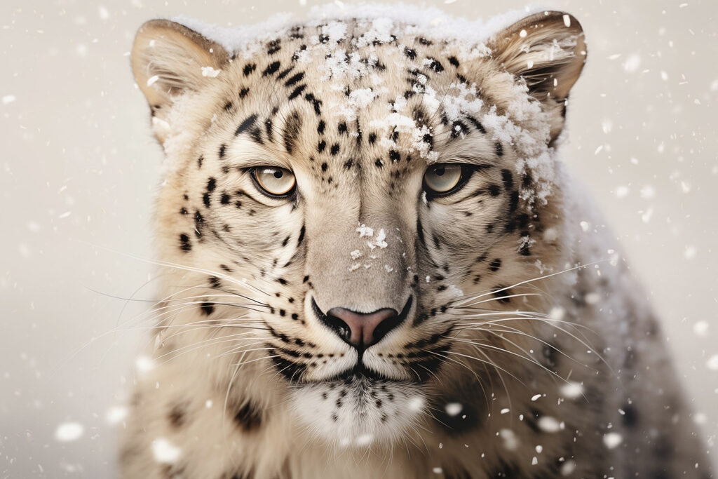 Snow leopard with snow on its head