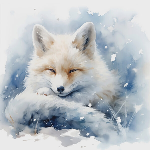 Aquarell eines im Schnee liegenden Fuchses Aquarell eines im Schnee liegenden Fuchses