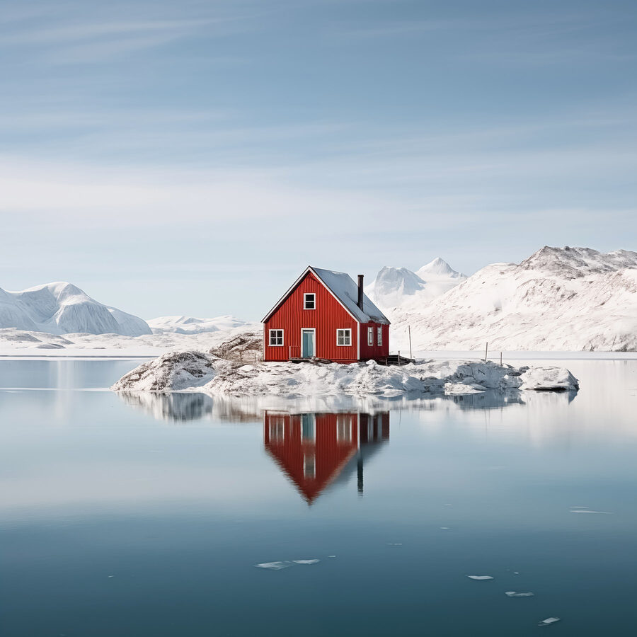 Rotes Haus auf einer Insel im Wasser mit schneebedeckten Bergen im Hintergrund