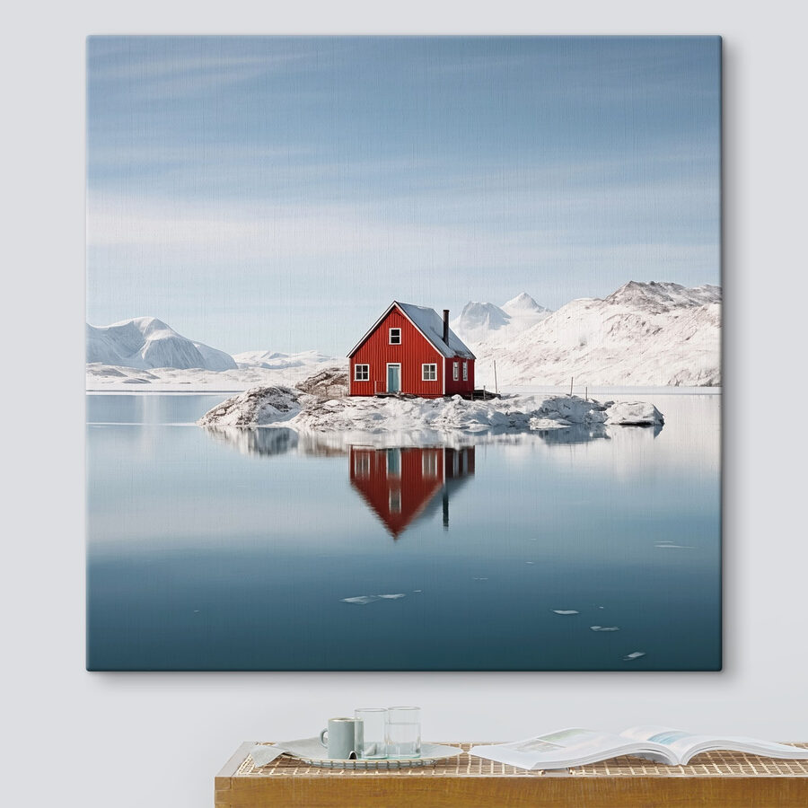 Rotes Haus auf einer Insel im Wasser mit schneebedeckten Bergen im Hintergrund