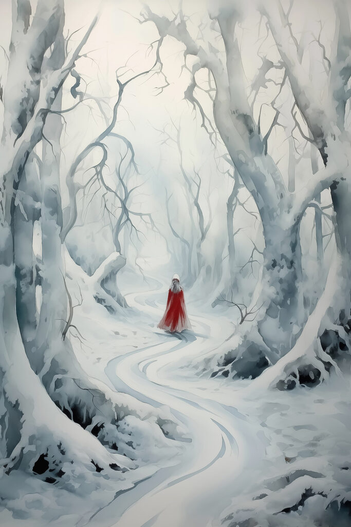 Person in a red cape walking through a snowy forest