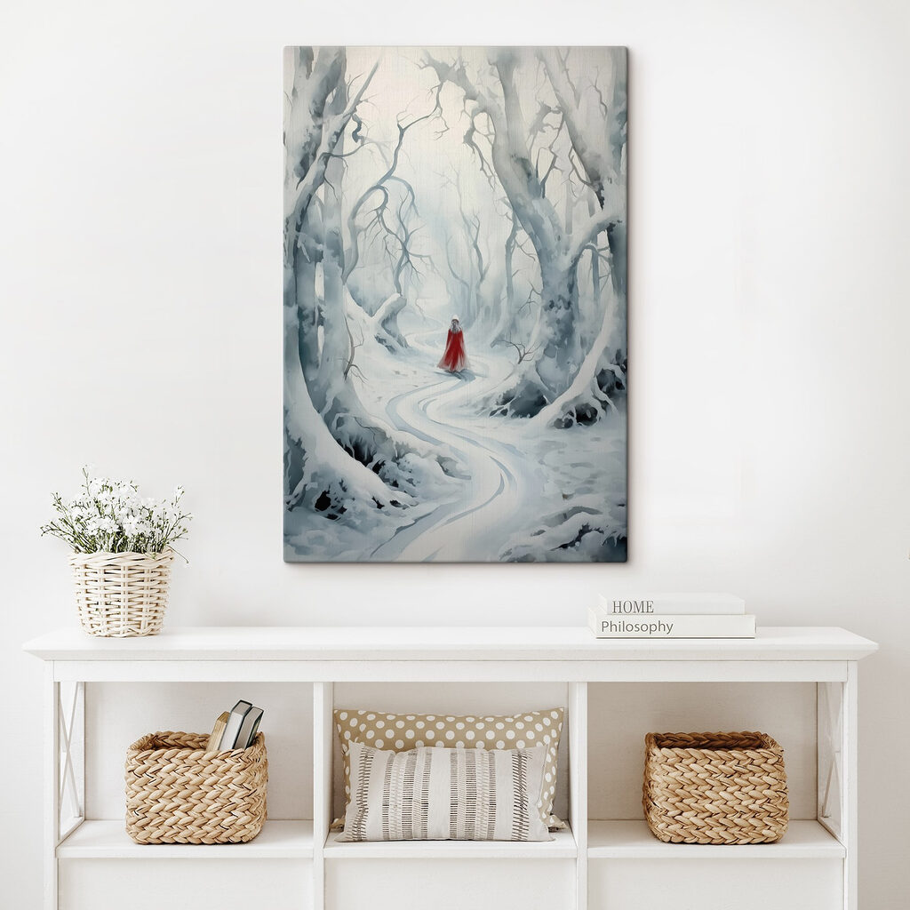 Person in a red cape walking through a snowy forest