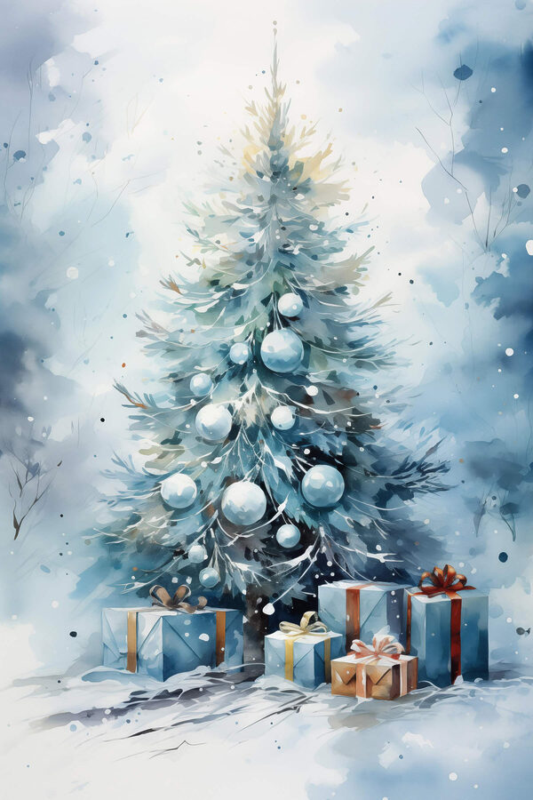 Aquarell eines Weihnachtsbaums mit Geschenken Aquarell eines Weihnachtsbaums mit Geschenken