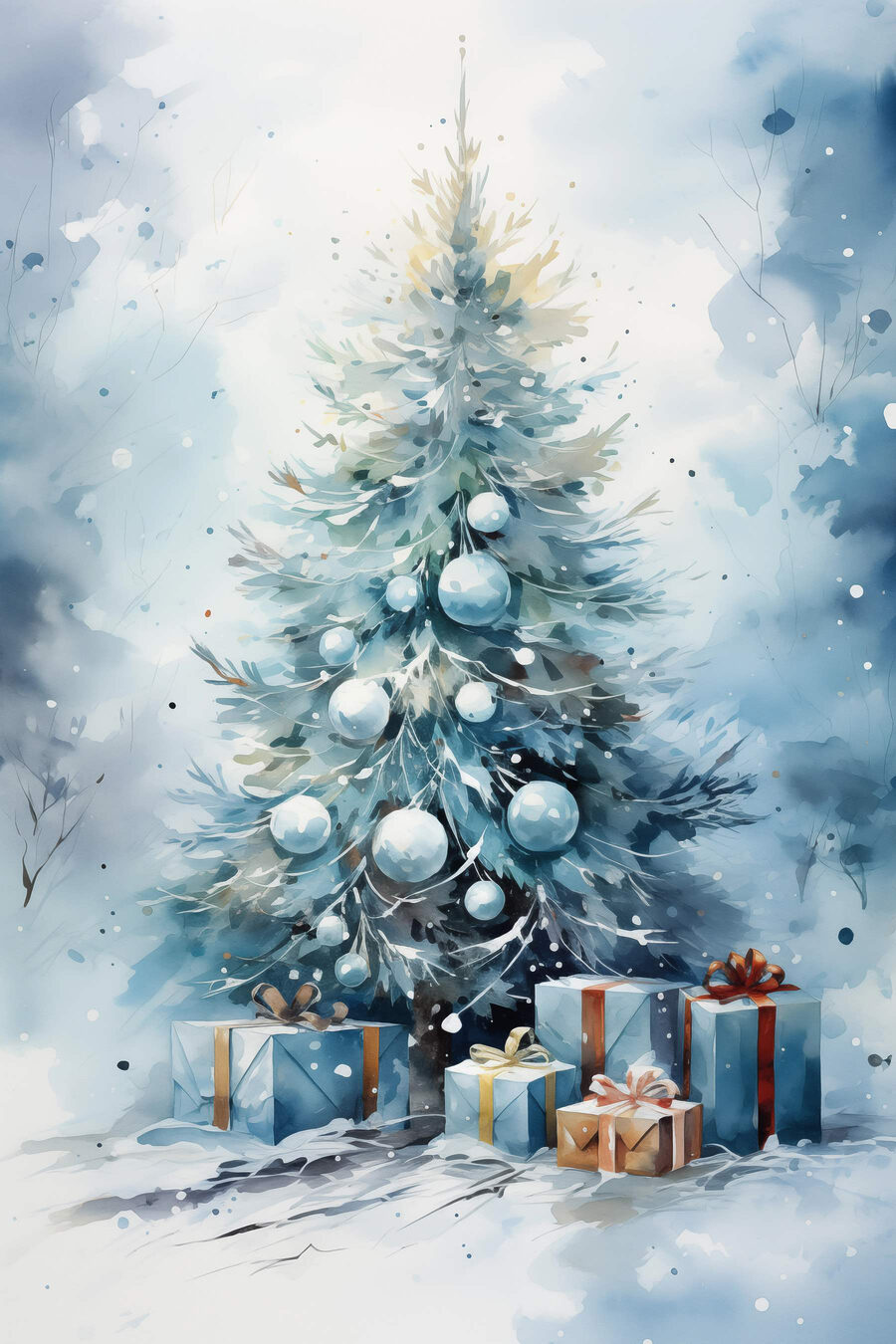 Aquarell eines Weihnachtsbaums mit Geschenken