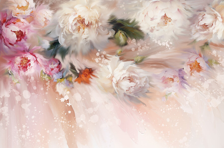 Gemälde von Blumen auf einem rosa Hintergrund Gemälde von Blumen auf einem rosa Hintergrund