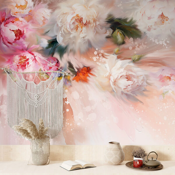 Gemälde von Blumen auf einem rosa Hintergrund Gemälde von Blumen auf einem rosa Hintergrund