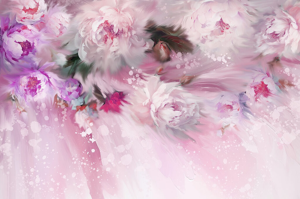 Gemälde von Blumen auf einem rosa Hintergrund Gemälde von Blumen auf einem rosa Hintergrund