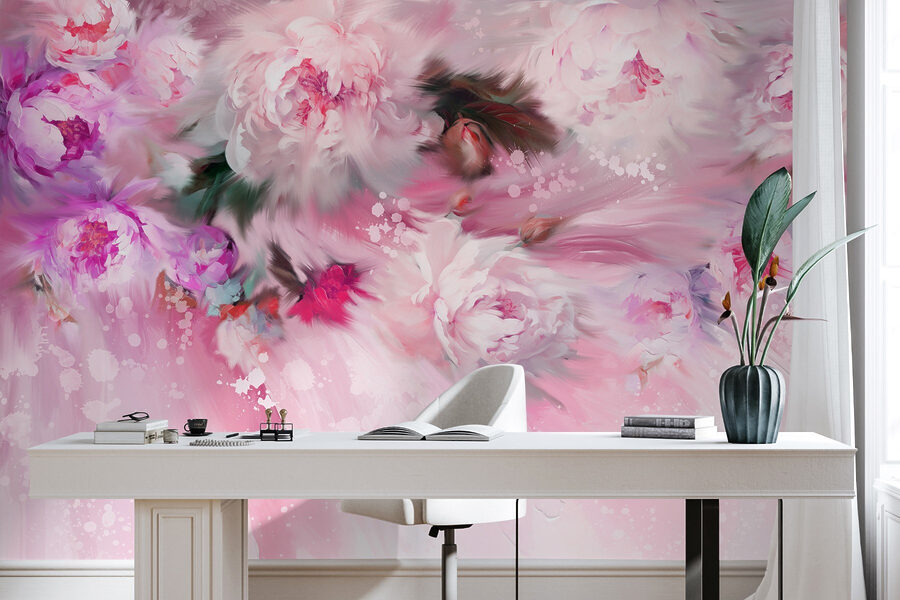 Gemälde von Blumen auf einem rosa Hintergrund Gemälde von Blumen auf einem rosa Hintergrund