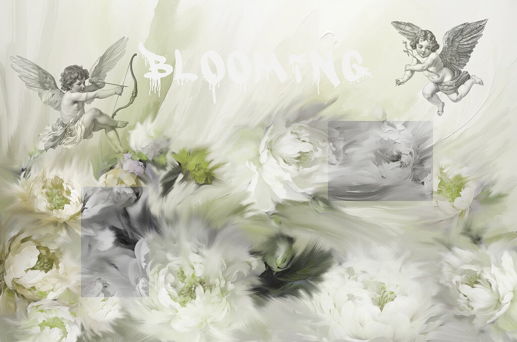 Gemälde von Engeln mit Pfeil und Bogen auf Blumen Gemälde von Engeln mit Pfeil und Bogen auf Blumen