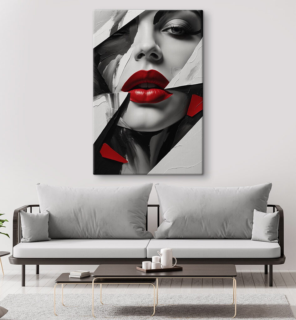Red lips amidst abstract design