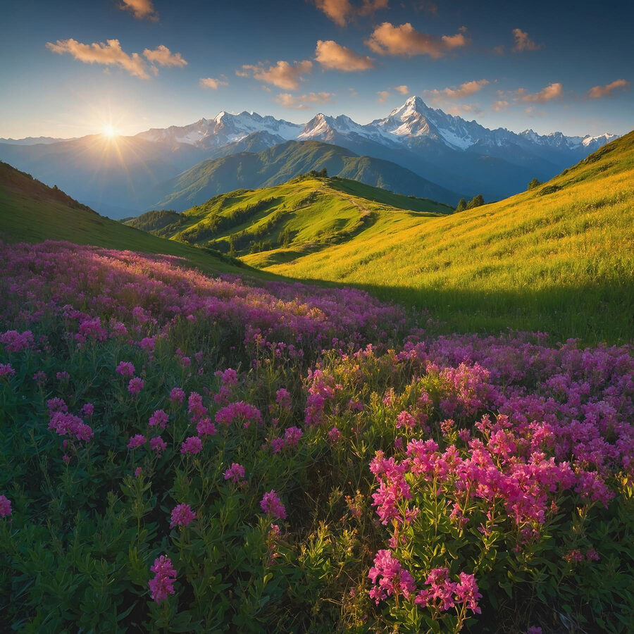 Blumenfeld mit Bergen im Hintergrund