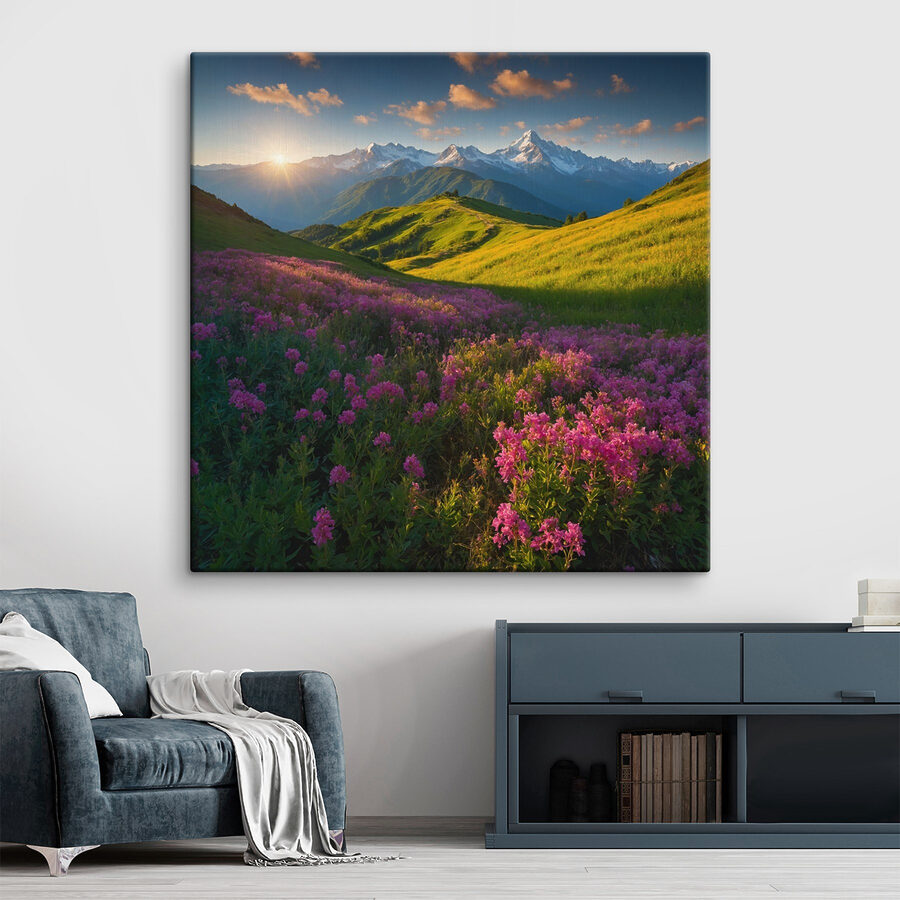 Blumenfeld mit Bergen im Hintergrund