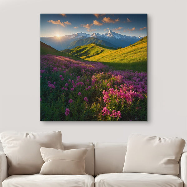 Blumenfeld mit Bergen im Hintergrund Blumenfeld mit Bergen im Hintergrund
