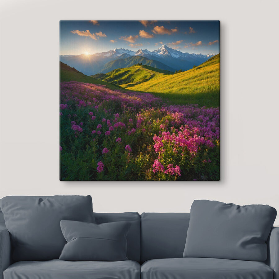 Blumenfeld mit Bergen im Hintergrund
