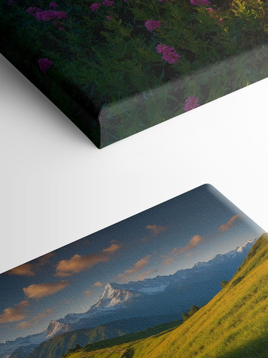 Blumenfeld mit Bergen im Hintergrund