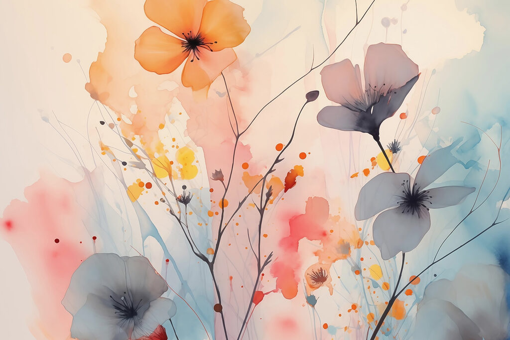 Gemälde von Blumen auf weißem Hintergrund Gemälde von Blumen auf weißem Hintergrund