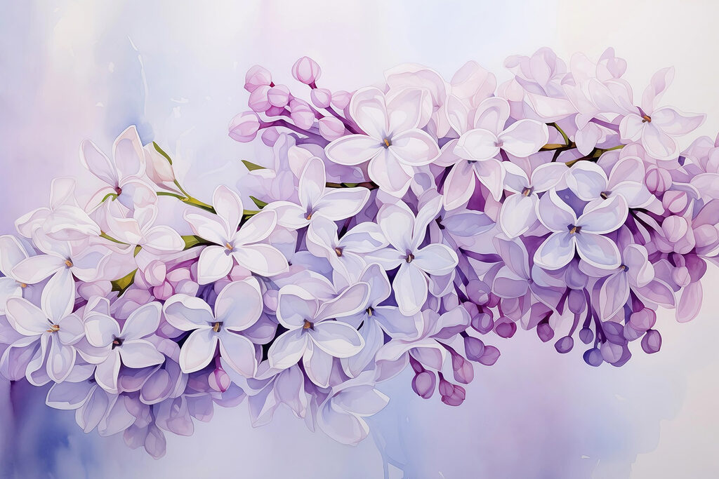Gemälde eines Zweigs mit lila Blumen Gemälde eines Zweigs mit lila Blumen