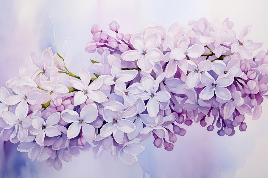 Gemälde eines Zweigs mit lila Blumen