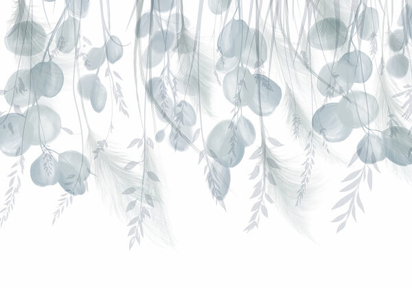 Weißer und grauer Hintergrund mit Federn und Blumen Weißer und grauer Hintergrund mit Federn und Blumen