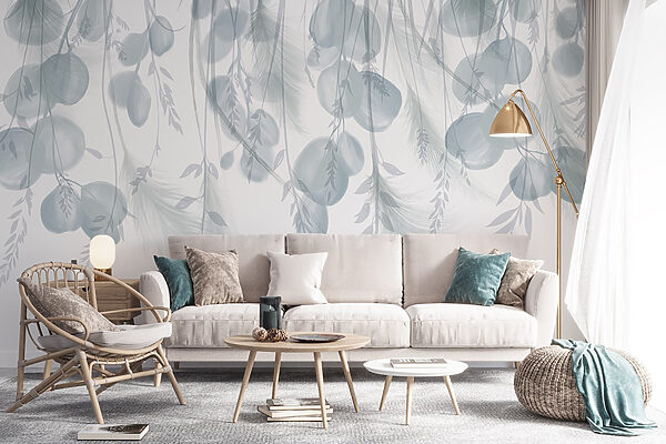 Weißer und grauer Hintergrund mit Federn und Blumen Weißer und grauer Hintergrund mit Federn und Blumen