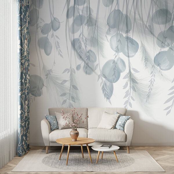 Weißer und grauer Hintergrund mit Federn und Blumen Weißer und grauer Hintergrund mit Federn und Blumen
